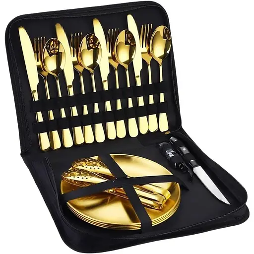 Набір туристичного посуду для походу на 4 особи 24 предмети в чохлі нержавіюча сталь Рожеве золото - фото 1