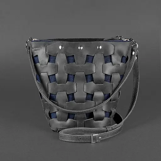 Шкіряна плетена жіноча сумка Пазл M чорна Crazy Horse - фото 8