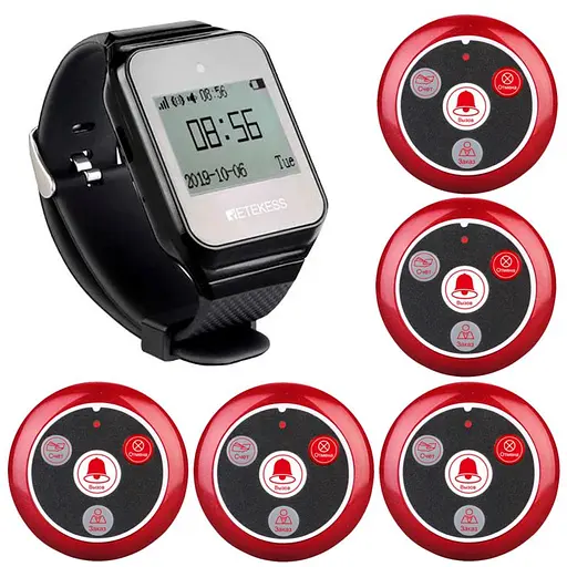 Система вызова официанта беспроводная с черными часами - пейджером Retekess TD108 + 5 красных кнопок (с кнопкой ЗАКАЗ) (100762)