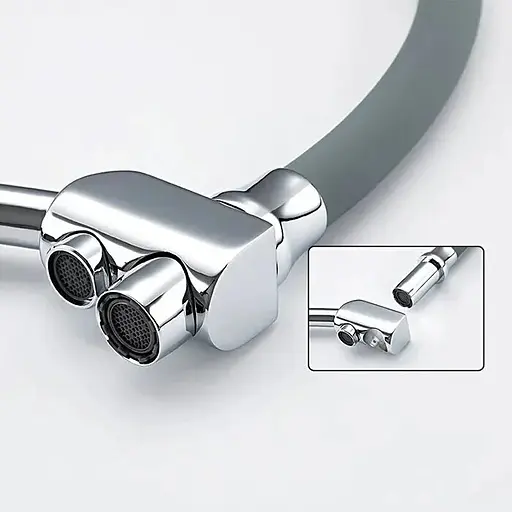 Смеситель для кухни высокий силиконовый гусак под фильтр латунный корпус гайка Ø35 серый/хром Gappo G4398-17 Серый - фото 3