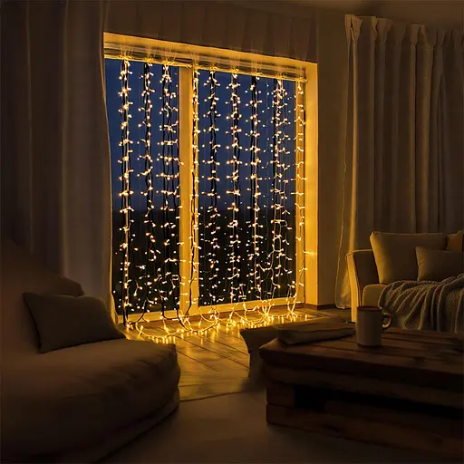 Новорічна гірлянда штора GarlandoPro 3х2 м 144 кімнатна Жовте світло ZWM32144LEDY