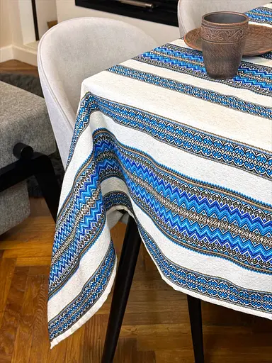 Лляна скатертина великодня з українським орнаментом Рандеву синій 330х150 см - фото 2