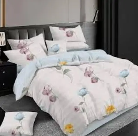Постельное комбинированное белье Страйп сатин евро комплект двухсторонний дизайн цветочный принт Голубой розовый - фото 1
