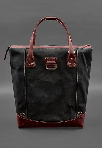 Сумка-рюкзак з канвасу та натуральної бордової шкіри - фото 3