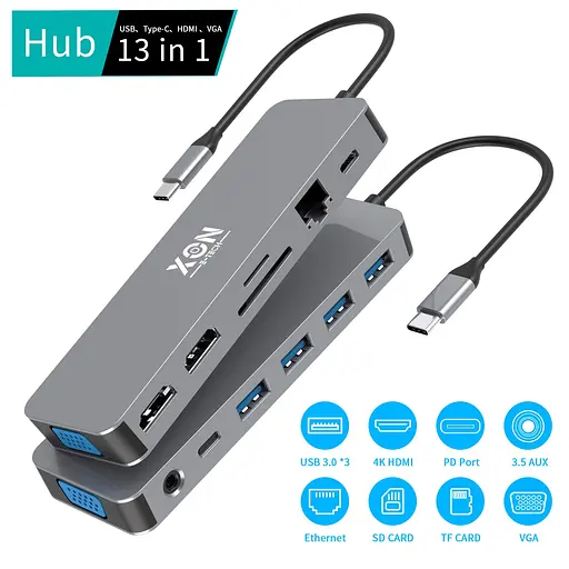 USB-хаб XON SmartHub 13 в 1 (Ethernet, VGA, 2xHDMI, 3.5 Audio, SD/TF, 2xType-C, 2xUSB3.0, 2xUSB2.0) Серый (XUCHP134322G 5290) - фото 2
