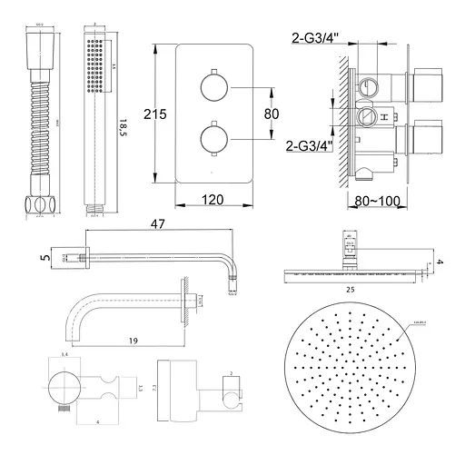 Душова система Kohlman Experience 25 gold з термостатом + BOX прихованого монтажу KPL-QW433EGDR25, Золотий - фото 2