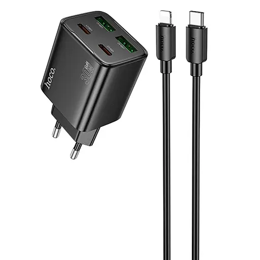 СЗУ Hoco N56 Fundador PD30W four-port (2USB-A/2C) + кабель Type-C to Lightning Black