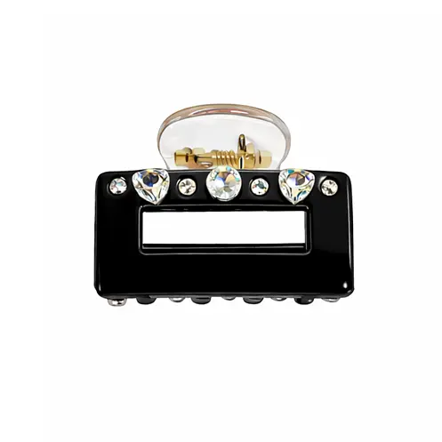 Заколка-крабик прямоугольная со стразами Fashion пластиковая с пружинным зажимом Черная - фото 1