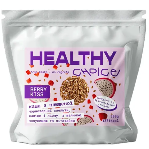 Каша з плющеної чорнозерної спельти та льону Healthy choice Berry kiss з малиною, полуницею та пітахаєю 300 г