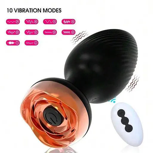 Анальная вибро-пробка Rose Butt на пульте с золотой розой 10 режимов 5 мм 90 мм черный - фото 4