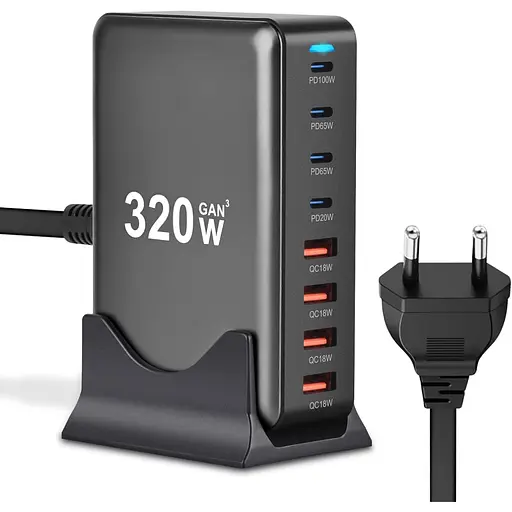 Зарядная станция ILEPO 320W многопортовая на 4 USB + 4 Type-C / сетевое мультизарядное устройство Black (19026) - фото 2