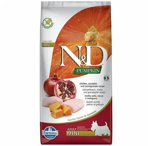 Сухой беззерновой корм для взрослых собак малых пород Farmina N&D Grain Free Pumpkin Dog Chicken&Pomegranate Adult Mini, тыква, курица и гранат, 7 кг