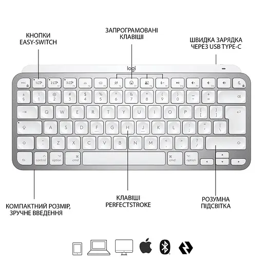 Клавіатура Logitech MX Keys Mini For Mac Wireless Illuminated Pale Grey (920-010526) - фото 5