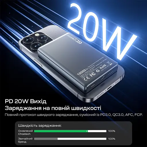 Повербанк 10000mAh Choetech B739 Black QC3.0 PD3.0 бездротова магнітна зарядка (43-00151) - фото 7