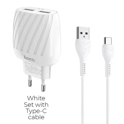 Зарядний комплект Hoco C78A Max energy 2 юсб порта набір із кабелем Lightning - фото 2