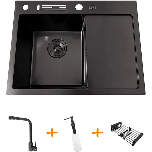 Комплект чорної кухонної мийки та змішувача Nett з нержавіючої сталі NB-6045 - фото 2