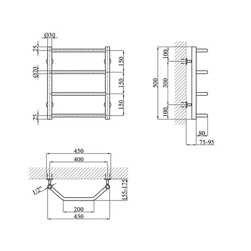 Рушникосушарка водяна Kroner Трапеція ДТ01 500x430/4 CV014723, Хром, нижнее - фото 2