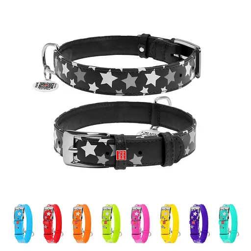 Ошейник для собак кожаный Waudog Glamour с QR-паспортом узор "Звездочка" светонакопительный/светоотражающий M Ш 20 мм, - фото 2