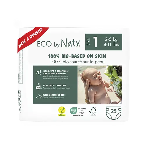 Одноразові дитячі підгузки розмір 1. 2-5 кг., 25 шт ECO BY NATY