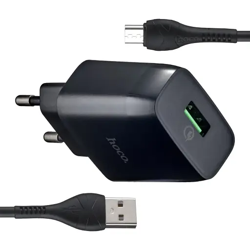 Мережевий зарядний пристрій Hoco C72Q Glorious single port QC3.0 charger set ( Type-C ) ( EU ) Чорний - фото 1