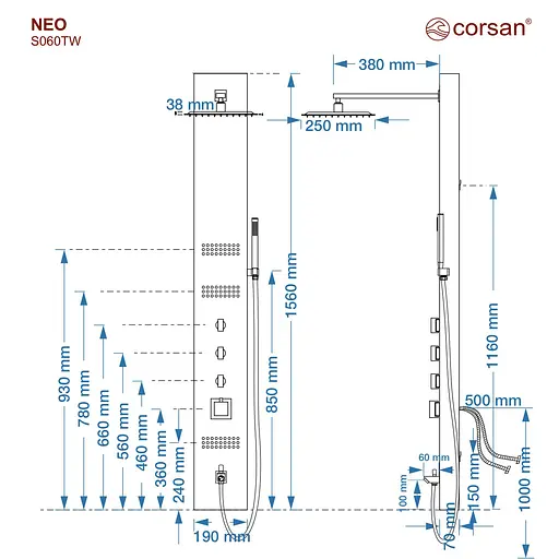 Душова панель Corsan Neo black з виливом та термостатом S060TBLW, Чорний матовий - фото 5