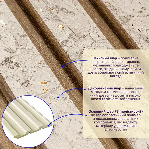 Рейка декоративна Wall Sticker PS 2900х120х12 мм Бежевий меланж із золотими вкрапленнями (D) SW-00001742 - фото 8