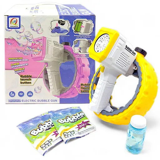 Пістолет з мильними бульбашками 777-30 A підсвічування, концентрат, мильний розчин, на батарейках, в коробці (6980590190128) Жовтий - фото 2