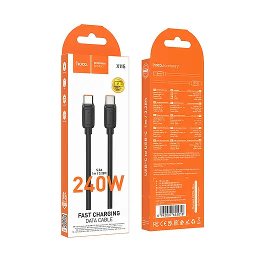 Кабель Hoco X115 Surpass 240W fast charging data cable Type-C to Type-C Чорний - фото 2