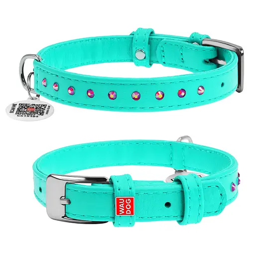 Ошейник для собак кожаный Waudog Glamour с QR-паспортом с клеевыми стразами Ш 15 мм Д 27-36 см ментоловый