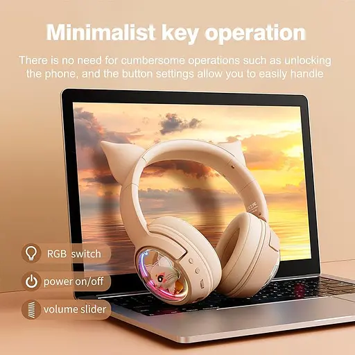 Навушники Onikuma Cat Ear Bluetooth Wireless Gaming Headset B5, BT5.3, AUX, 1000mAh, Type-C, 55H, RGB, ivory - фото 8