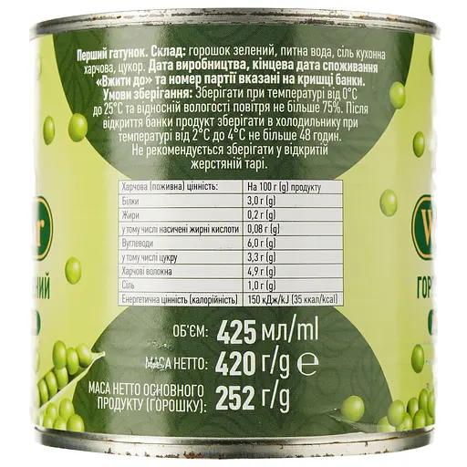 Уценка. Горошок зеленый WellDar консервированный 420 мл (916499) - фото 2