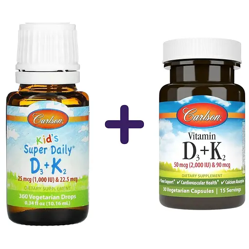 Набір: вітамін D3+K2 для дітей Carlson Kid's Super Daily D3+K2 1000 МО 22.5 мкг у краплях 10.16 мл  + вітамін D3+K2 Carlson Vitamin D3+K2 2000 МО 90 мкг 30 вегетаріанських капсул