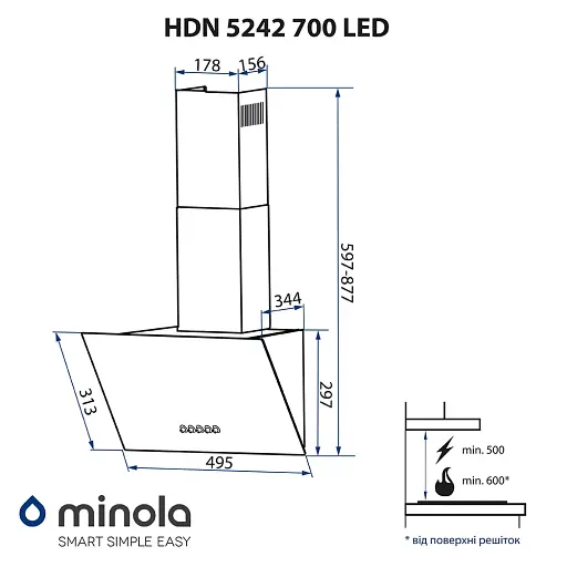 Вытяжка декоративная наклонная Minola HDN 5242 BL 700 LED - фото 12