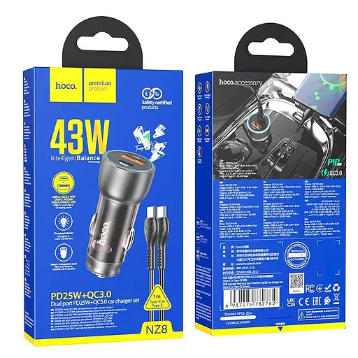 Адаптер автомобильный HOCO Type-C to Type-C cable Sprinter dual port car charger NZ8 комплект черный - фото 8