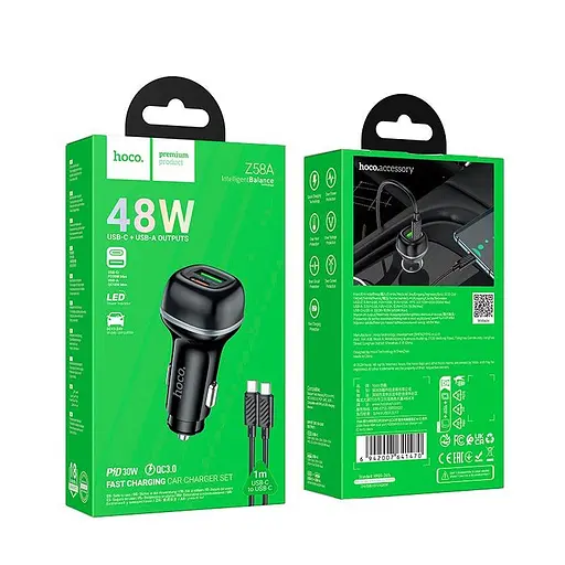 Адаптер автомобильный Hoco Rank dual port Car charger Z58A (Type-C to Type-C set) |1USB/1Type-C, 48W - фото 2