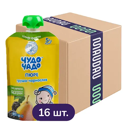 Упаковка пюре Чудо-Чадо Груша-чернослив пауч 1.44 кг (90 г х 16 шт.) - фото 1