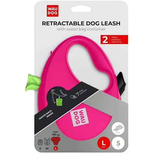 Повідець-рулетка для собак Waudog R-leash з контейнером для пакетів, світловідбивна стрічка, L, до 40 кг, 5 м, рожевий - фото 6
