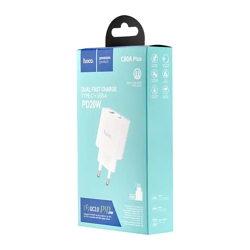 Мережевий зарядний пристрій Hoco C80A Plus Rapido PD20W + QC3.0 charger ( EU ) Білий - фото 2