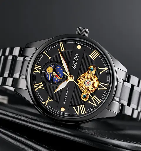 Мужские часы скелетон Skmei M024 механические (Черные) - фото 2