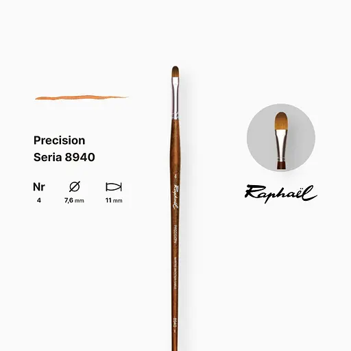 Кисть синтетика овальная Raphael Precision, №4, для акрила и масла, длинная ручка - фото 2