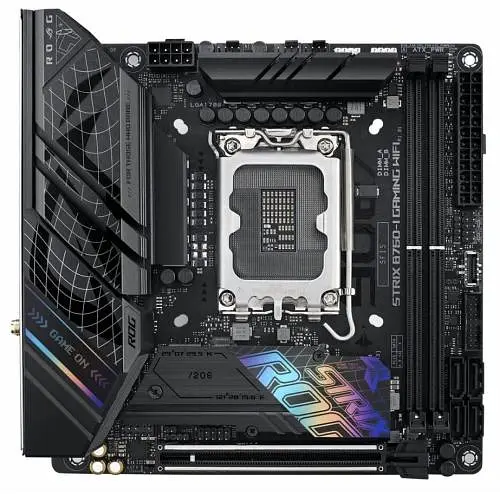 Материнська плата LGA1700, Asus ROG STRIX B760-I GAMING WIFI, B760, 2xDDR5, Int.Video(CPU), 4xSATA3, 2xM.2, 1xPCI-E 16x 5.0, S1220A, I225-V, WiFi 6, Bluetooth 5.3, 7xUSB3.2/4xUSB2.0, HDMI/DP, Mini-ITX