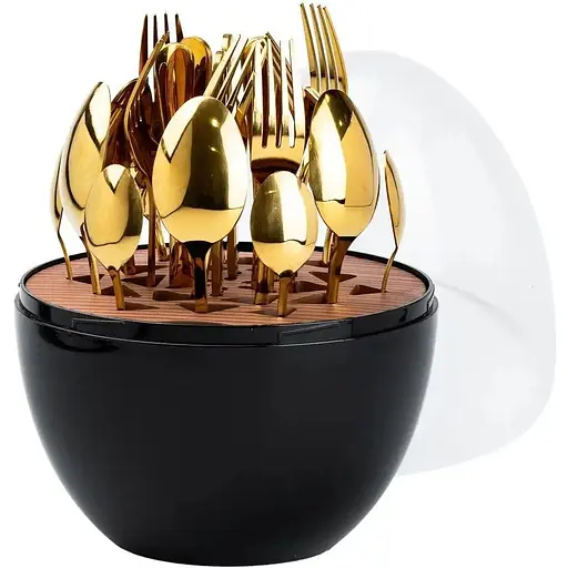 Набор столовых приборов TS Kitchen Черный на 6 персон из нержавеющей стали золотистый 24 штуки в яйце - фото 1