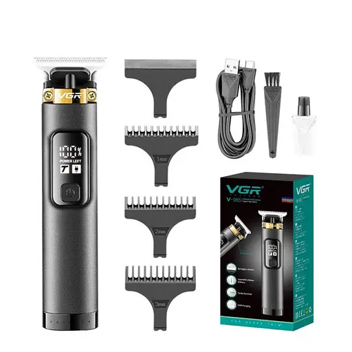 Тример акумуляторний для волосся, бороди та вусів VGR V-985 LCD (4 насадки) Чорний