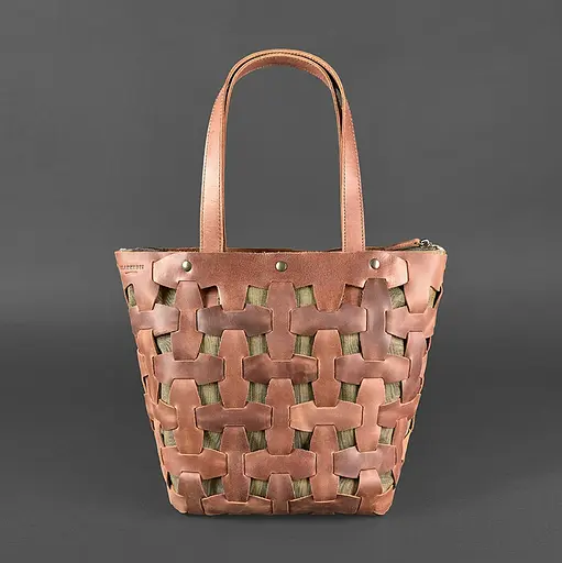 Шкіряна плетена жіноча сумка Пазл L світло-коричнева Crazy Horse - фото 9