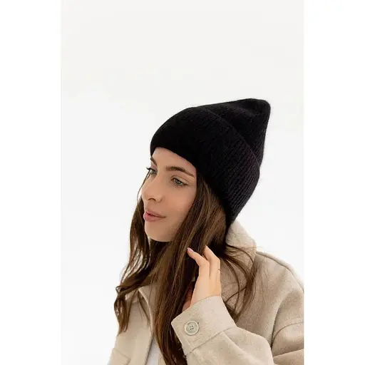 Женская вязаная шапка ангора 80% с орнаментом и флисовой подкладкой Черный - фото 1