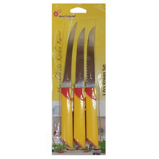 Набір з 3 кухонних ножів з різними типами пилок (довжина 23/22.3/22 см), Kitchen Master Жовтий 84922 - фото 1