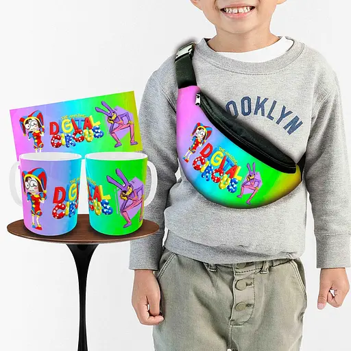 Набір:дитяча сумка-бананка+кружка Цифровий Цирк «Amazing Digital Circus» 32х15см,бананка для хлопчика через плече (01006)