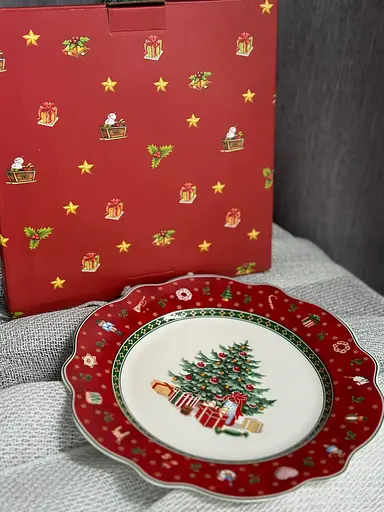 Тарелка десертная Christmas 21.5 см фарфоровый новогодний принт Бело красный - фото 5