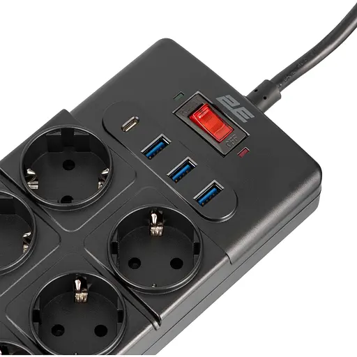 Удлинитель-фильтр сетевой 2E 10xТип F, 3x1.5 мм2, 16A, с защитой от перенапряжения, 3xUSB-A, 1xUSB-C, 3 м, черный - фото 4