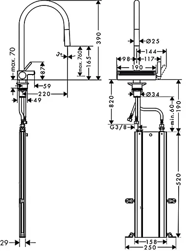 Смеситель для кухни Hansgrohe Aquno Select М81 170 3jet с выдвижным изливом Sbox 73831800 Stainless Steel Нержавеющая сталь - фото 2